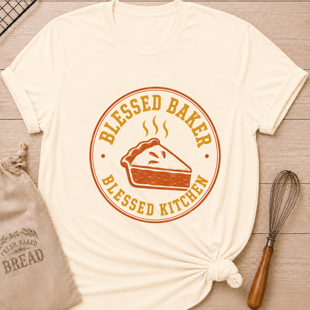 Natural women's relaxed fit t-shirt with the words Blessed Baker, Blessed Kitchen in bold vintage badge lettering and a steaming slice of homemade pie.
