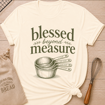 Natural women's relaxed fit t-shirt with the words Blessed Beyond Measure in vintage lettering and a stack of measuring cups.