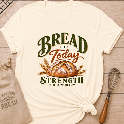 Natural women's relaxed fit tee with a golden artisan loaf and wheat in rich earthy tones, with bold vintage Bread for Today, Strength for Tomorrow lettering