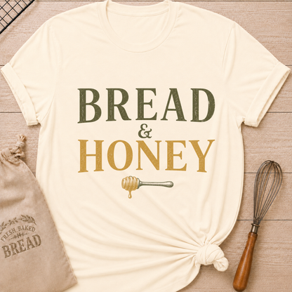 Natural Bread and Honey women's relaxed fit tee with vintage lettering and a dripping honey dipper