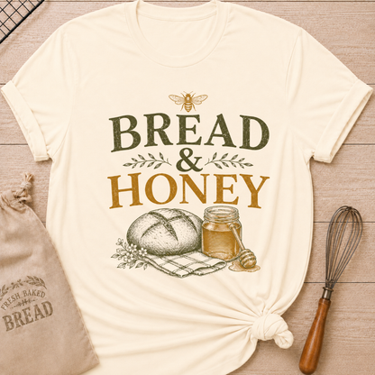 Natural Bread and Honey Bee women's relaxed fit tee with a rustic loaf, golden honey, a honeybee and delicate greenery
