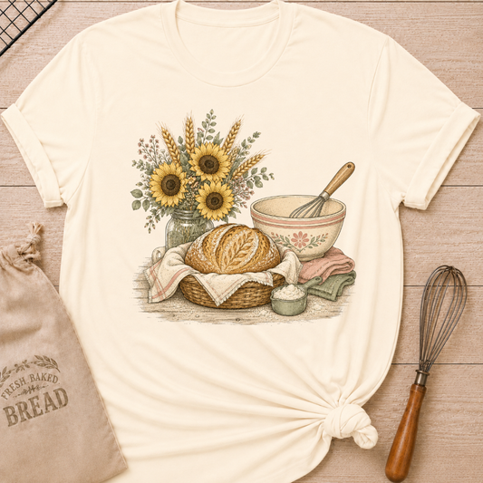 Natural Bread and Sunflower Bouquet women's relaxed fit tee with a rustic artisan loaf, a vintage mixing bowl, and a bouquet of sunflowers and wheat