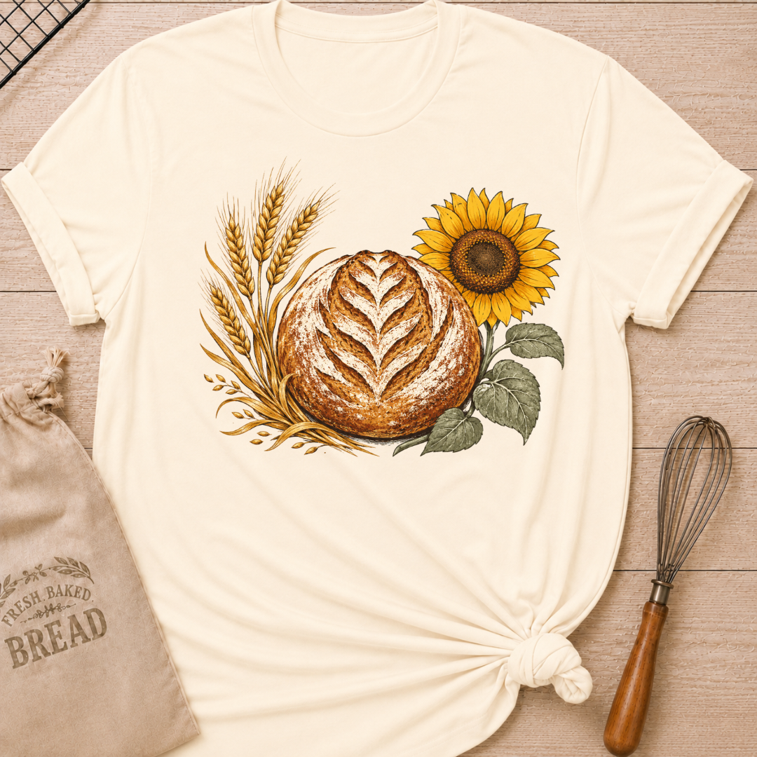 Natural Bread, Wheat and Sunflower women's relaxed fit tee with a hand-scored artisan loaf, golden wheat, and a sunflower