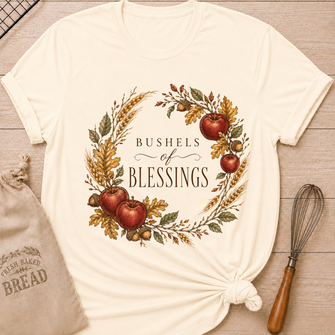 Natural women's relaxed fit tee with a vintage wreath of apples, wheat, acorns and fall leaves