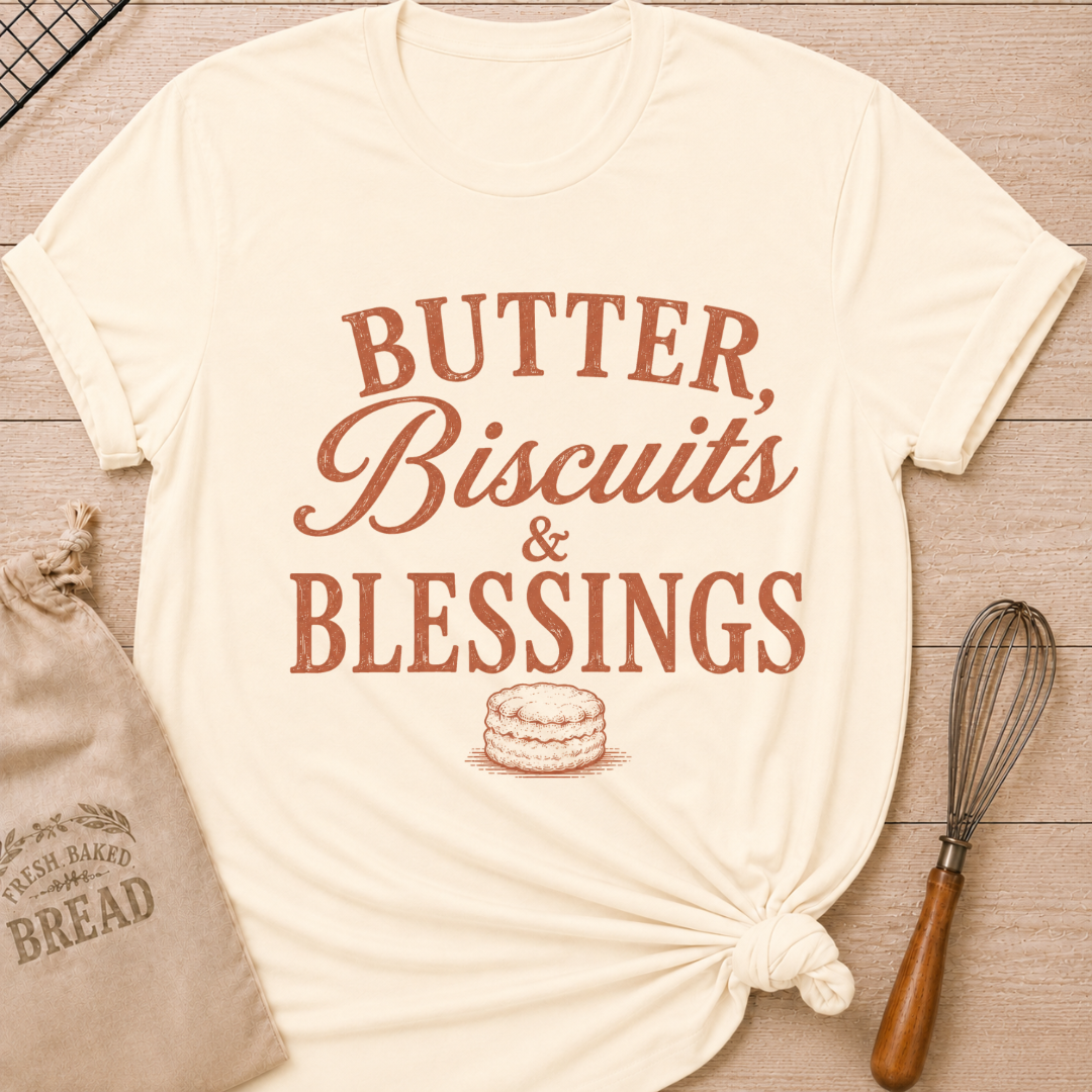Natural Butter, Biscuits and Blessings women's relaxed fit tee with vintage typography and a classic biscuit illustration