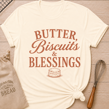 Natural Butter, Biscuits and Blessings women's relaxed fit tee with vintage typography and a classic biscuit illustration