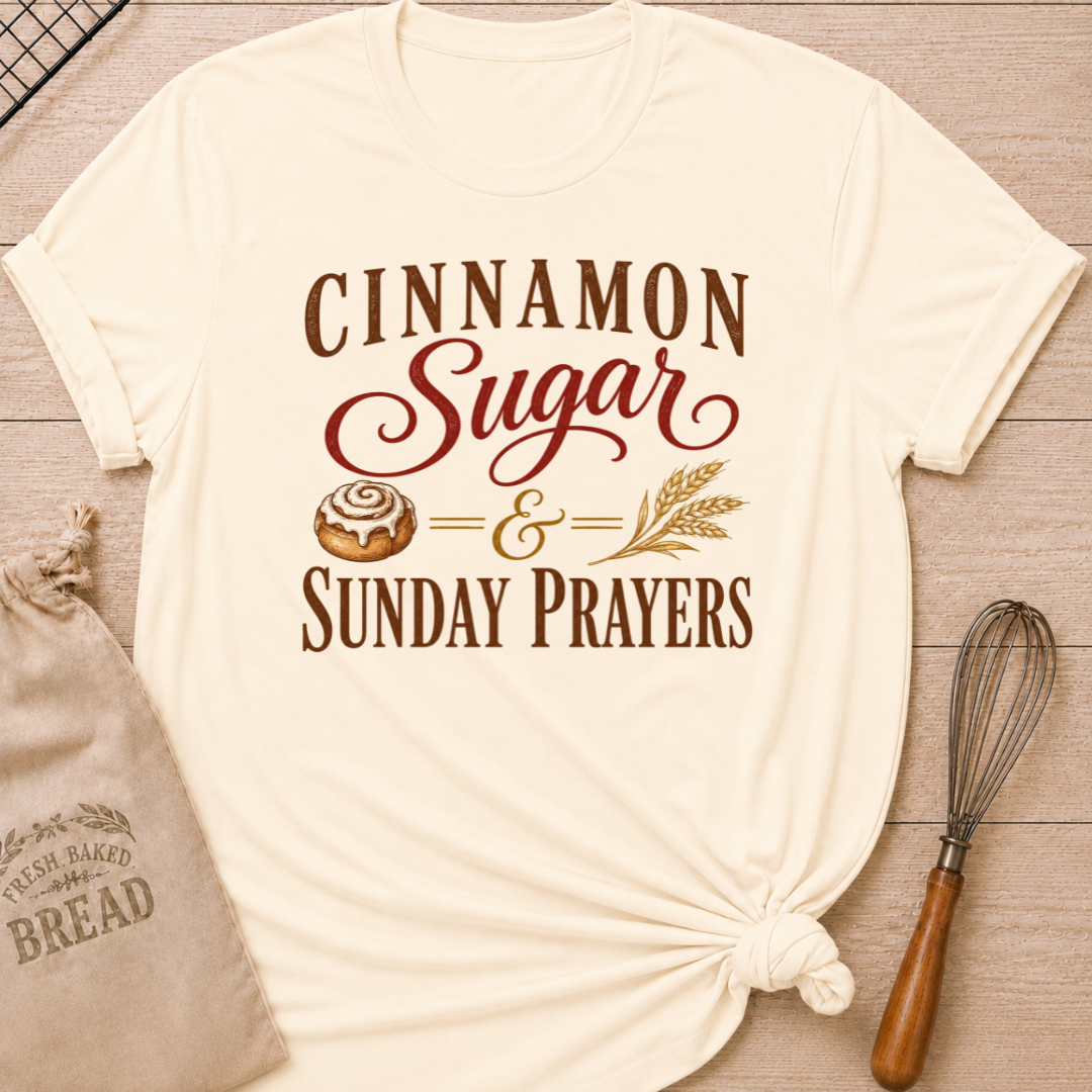 Natural women's relaxed fit t-shirt with the words Cinnamon, Sugar & Sunday Prayers in vintage lettering with a gooey cinnamon roll, wheat, and classic bakery details.