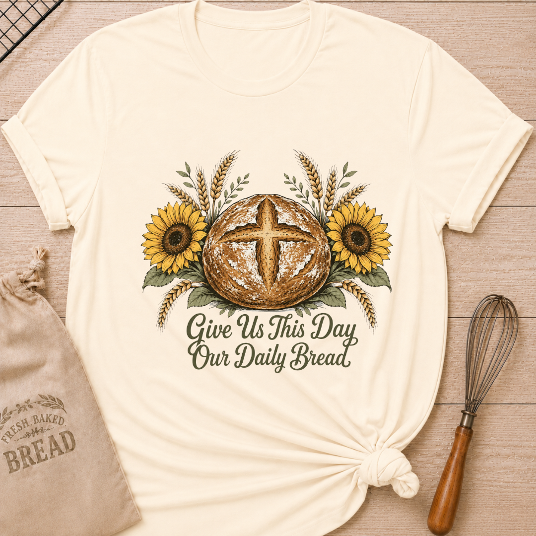 Natural women's relaxed fit tee with a rustic sourdough loaf, golden wheat, and yellow sunflowers, reading Give Us This Day Our Daily Bread