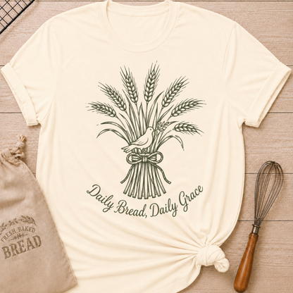 Natural women's relaxed fit t-shirt with a tied bundle of wheat and a dove and the words Daily Bread, Daily Grace.