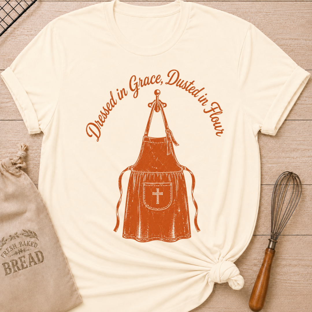 Natural women's relaxed fit t-shirt with the words Dressed in Grace, Dusted in Flour on a vintage apron with a stitched cross pocket.