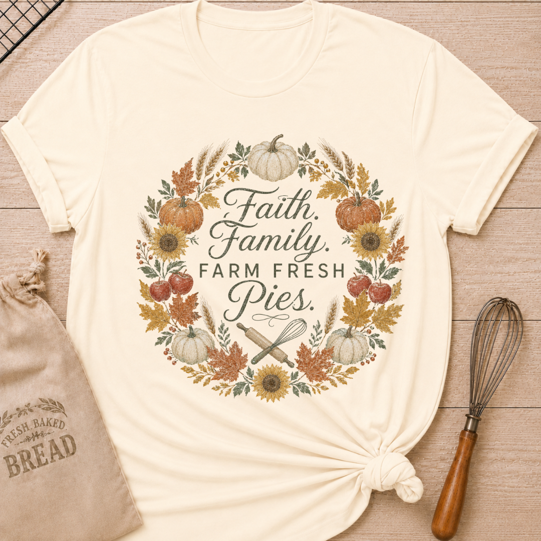 Women's relaxed fit graphic tee in Natural with "Faith, Family, Farm Fresh Pies" design, featuring warm farmhouse-inspired typography on a soft cream-toned shirt