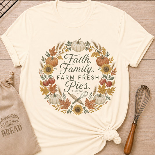 Women's relaxed fit graphic tee in Natural with "Faith, Family, Farm Fresh Pies" design, featuring warm farmhouse-inspired typography on a soft cream-toned shirt