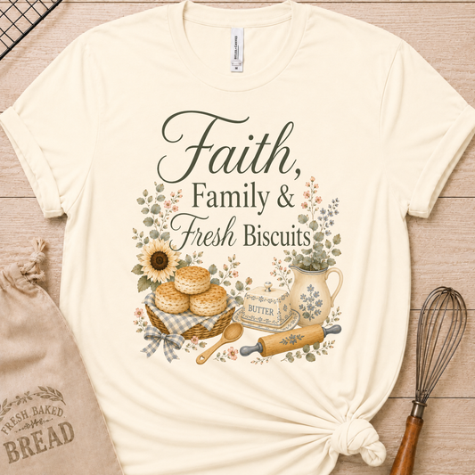 An off-white graphic t-shirt with a 'Faith, Family & Fresh Biscuits' print, styled in a flat-lay on a wooden background with a burlap bag and a whisk.