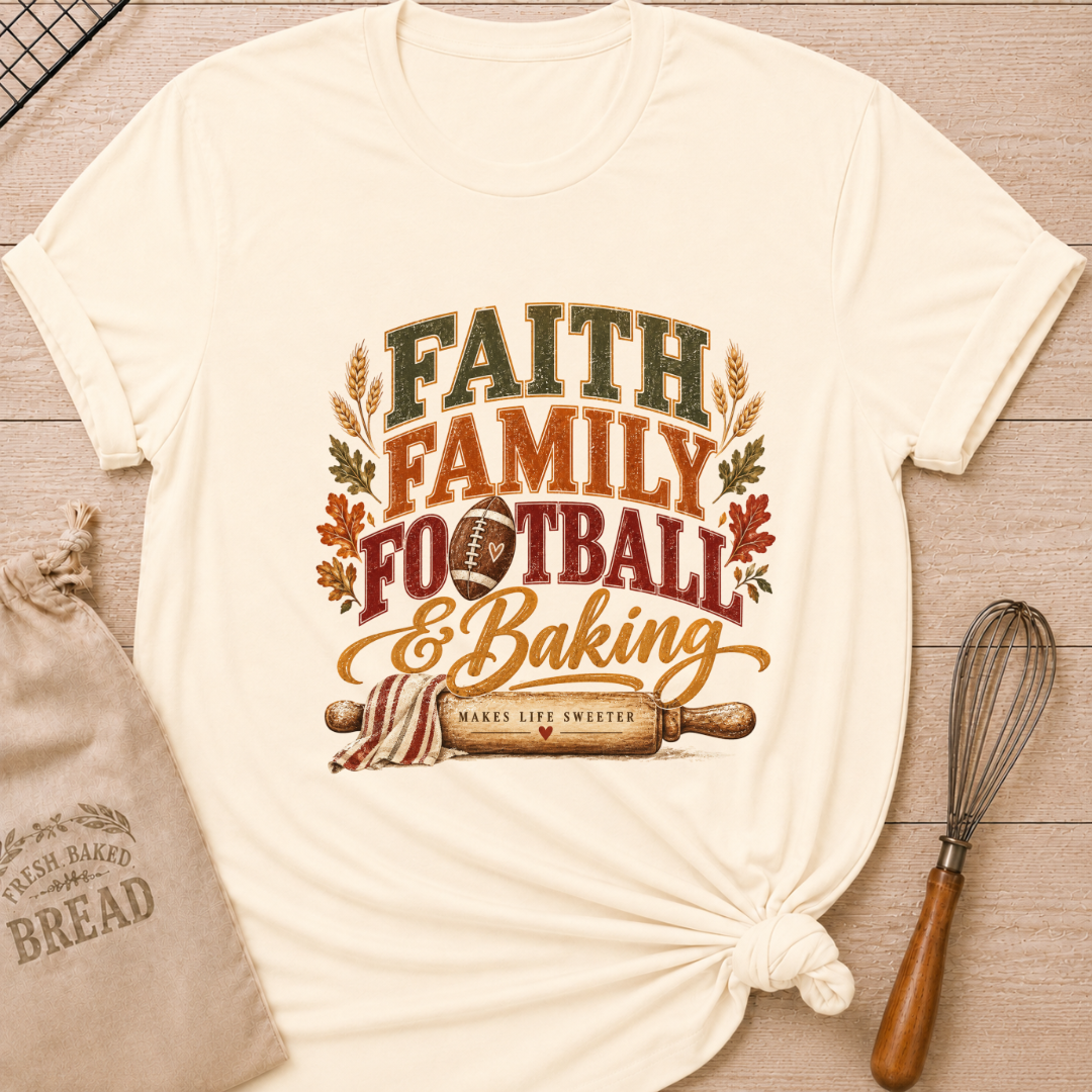 Natural women's relaxed fit tee with vintage collegiate Faith Family Football and Baking lettering above a football and a rolling pin reading Makes Life Sweeter, framed by wheat and autumn leaves