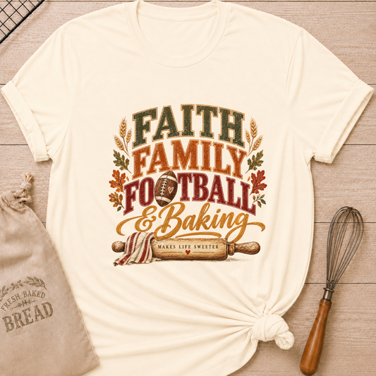 Natural women's relaxed fit tee with vintage collegiate Faith Family Football and Baking lettering above a football and a rolling pin reading Makes Life Sweeter, framed by wheat and autumn leaves
