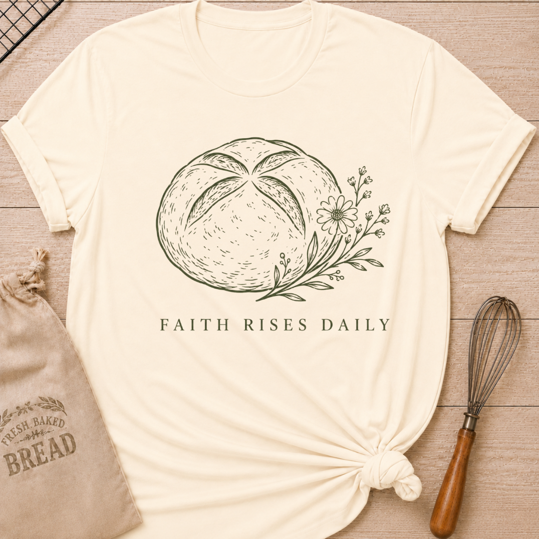 Natural women's relaxed fit t-shirt with the words Faith Rises Daily above a scored loaf of bread and delicate wildflowers.