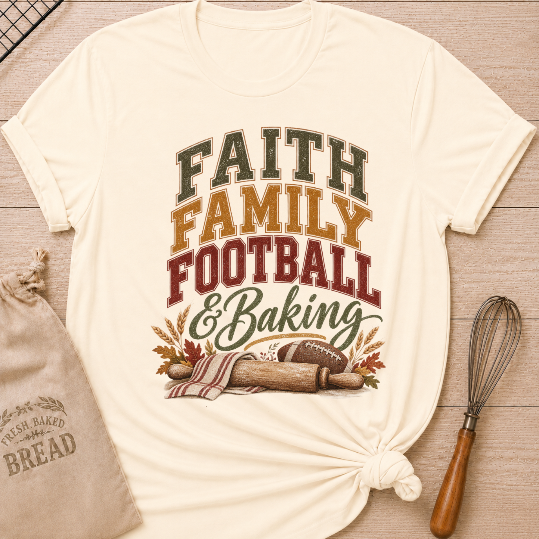 Natural women's relaxed fit tee with vintage collegiate Faith Family Football and Baking lettering above a rolling pin, football, wheat and autumn leaves in warm harvest tones