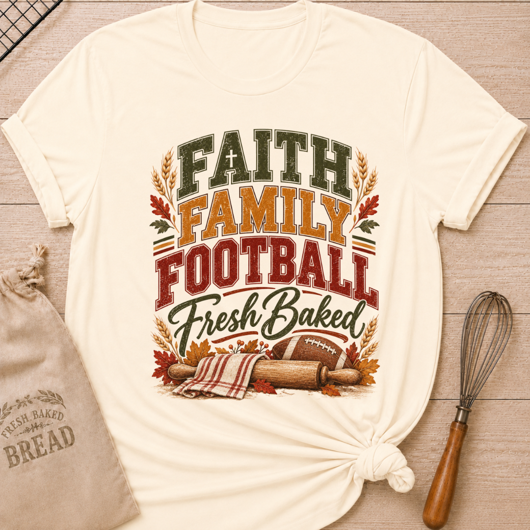 Natural women's relaxed fit tee with vintage collegiate Faith Family Football Fresh Baked lettering above wheat, autumn leaves, a rolling pin and a classic football