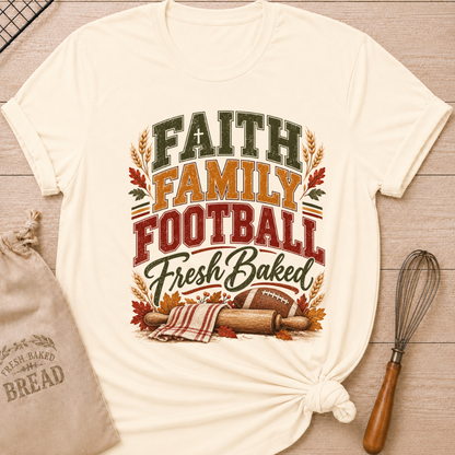 Natural women's relaxed fit tee with vintage collegiate Faith Family Football Fresh Baked lettering above wheat, autumn leaves, a rolling pin and a classic football