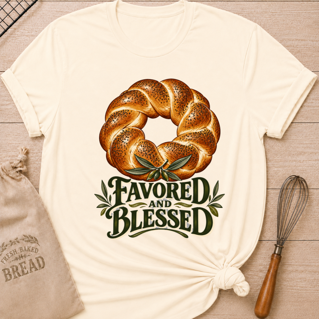 Natural women's relaxed fit tee with a braided loaf accented with olive branches and bold vintage Favored and Blessed lettering in deep earthy tones
