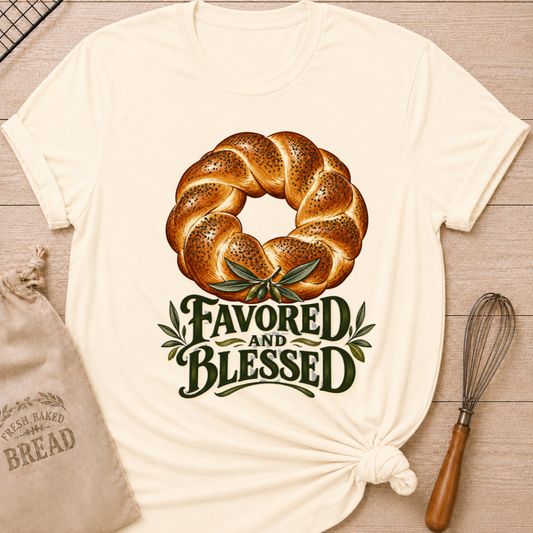Natural women's relaxed fit tee with a braided loaf accented with olive branches and bold vintage Favored and Blessed lettering in deep earthy tones