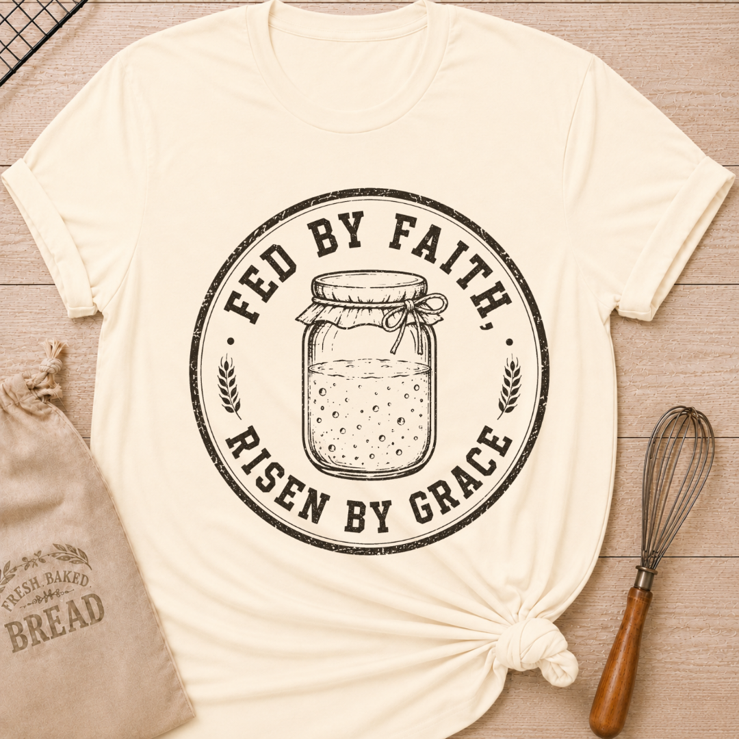 Natural women's relaxed fit t-shirt with a vintage sourdough starter jar, wheat and the words Fed by Faith, Risen by Grace.