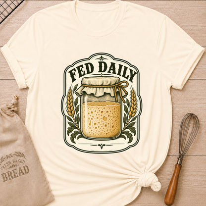 Natural women's relaxed fit tee with a bubbly sourdough starter jar framed by golden wheat and leafy accents in a vintage bakery label, with Fed Daily lettering