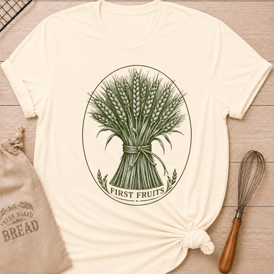 Natural women's relaxed fit tee with a detailed bundle of wheat tied by hand and framed in a classic vintage oval, with First Fruits lettering