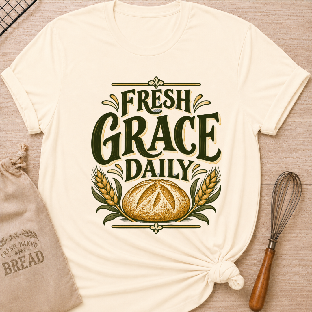 Natural women's relaxed fit tee with bold vintage Fresh Grace Daily lettering above a golden artisan loaf framed by wheat and leafy accents