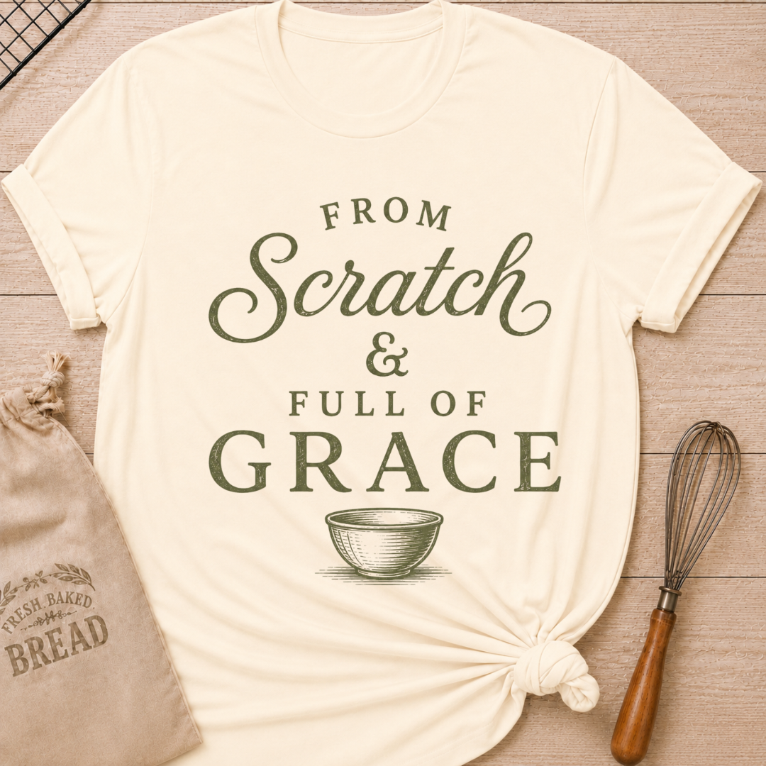 Natural From Scratch and Full of Grace women's relaxed fit tee with vintage sage lettering and a classic mixing bowl