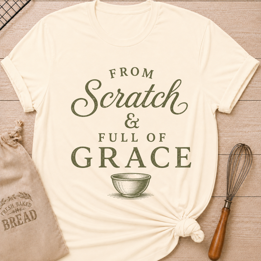 Natural From Scratch and Full of Grace women's relaxed fit tee with vintage sage lettering and a classic mixing bowl