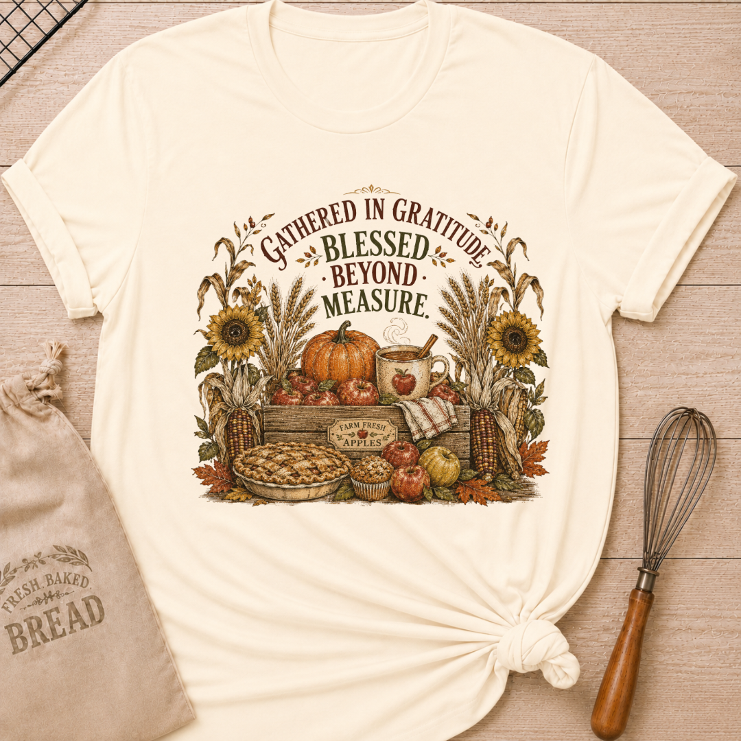 Natural women's relaxed fit tee with a vintage harvest scene of apples, pumpkins, wheat, corn, sunflowers and fresh-baked pie