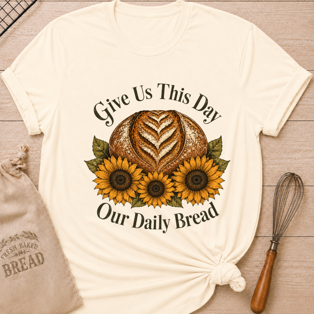A cream-colored short-sleeve t-shirt with a graphic print of a loaf of bread, three sunflowers, and the text 'Give Us This Day Our Daily Bread', styled on a wooden background with a drawstring bag and a whisk. Women's relaxed fit natural ivory t-shirt laid flat on a light wood surface, featuring a faith-inspired graphic of a rustic sourdough boule with a heart-shaped wheat score surrounded by three golden sunflowers and deep olive green leaves, with the text "Give Us This Day Our Daily Bread" 