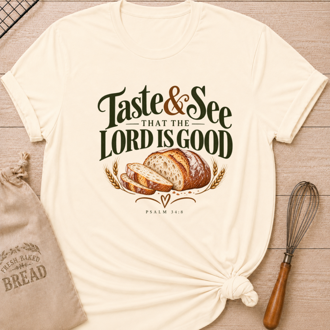 Natural women's relaxed fit tee with bold vintage Taste and See That the Lord Is Good lettering above a sliced artisan loaf, golden wheat, and Psalm 34:8