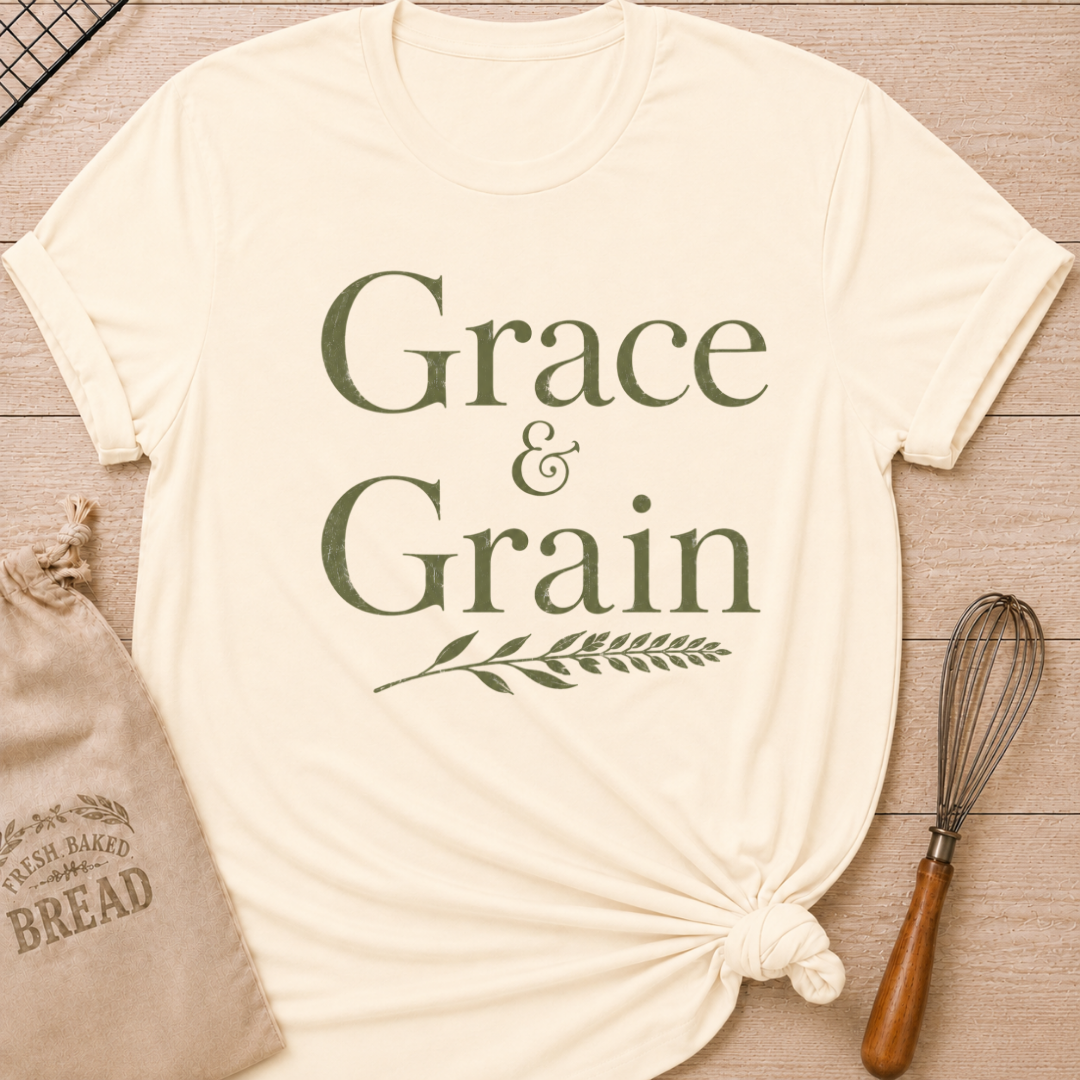 Natural women's relaxed fit t-shirt with the words Grace and Grain in vintage lettering and a delicate wheat sprig.