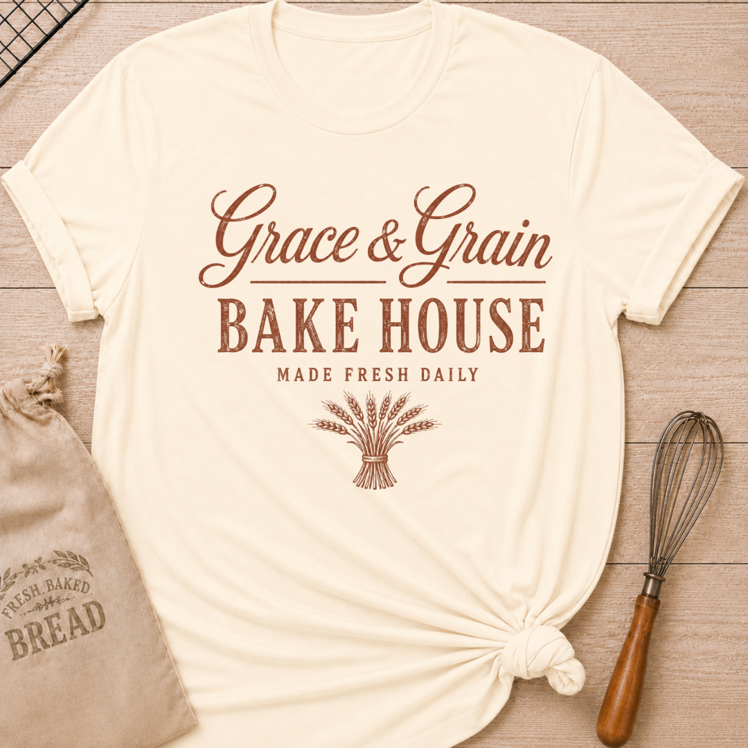 Natural Grace and Grain Bake House women's relaxed fit tee with vintage lettering and a bundle of wheat