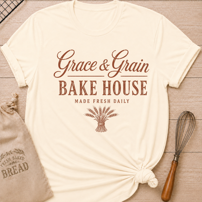Natural Grace and Grain Bake House women's relaxed fit tee with vintage lettering and a bundle of wheat