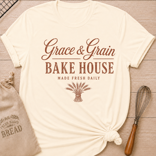 Natural Grace and Grain Bake House women's relaxed fit tee with vintage lettering and a bundle of wheat