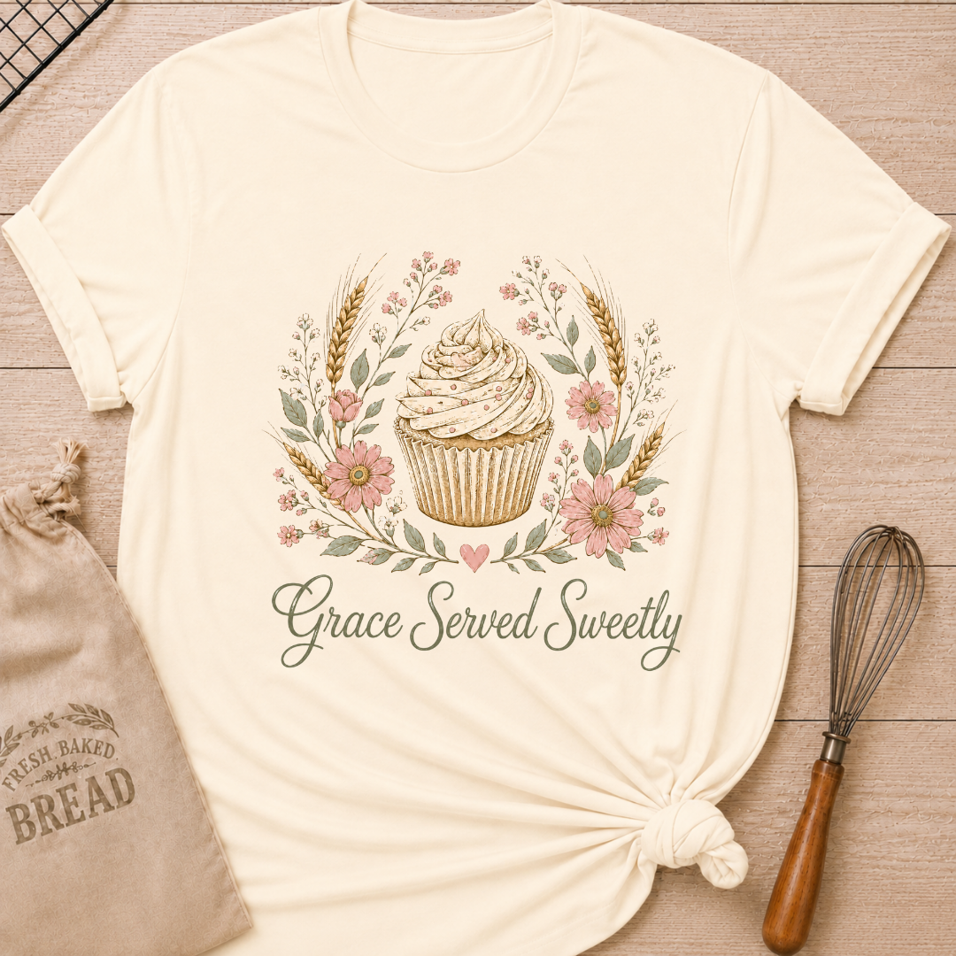 Natural women's relaxed fit t-shirt with a frosted cupcake framed by soft pink flowers, wheat and greenery.