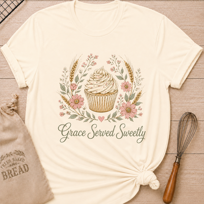 Natural women's relaxed fit t-shirt with a frosted cupcake framed by soft pink flowers, wheat and greenery.