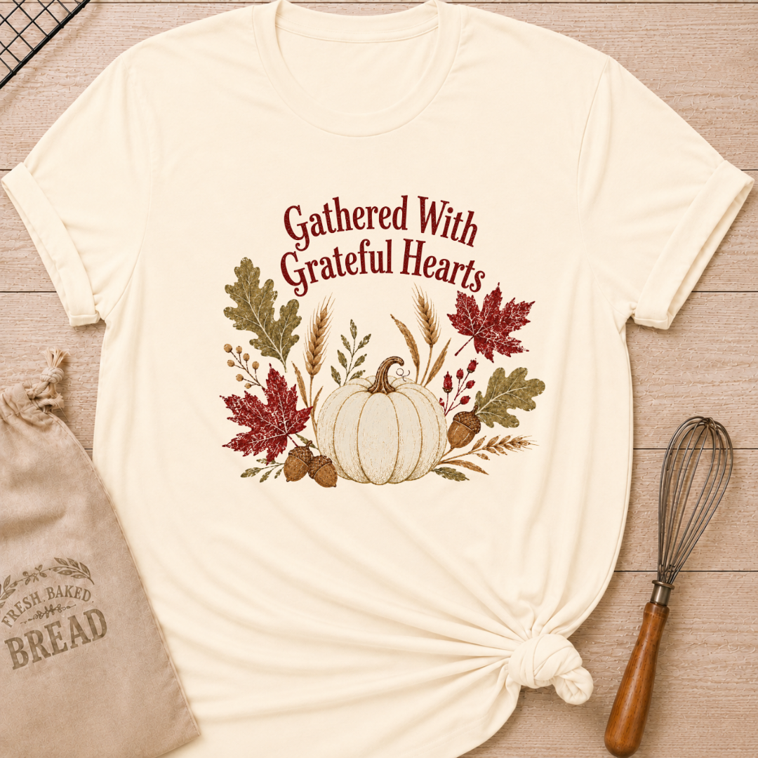 Natural women's relaxed fit tee with Gathered With Grateful Hearts lettering above a soft ivory pumpkin surrounded by wheat, acorns, berries and richly colored autumn leaves