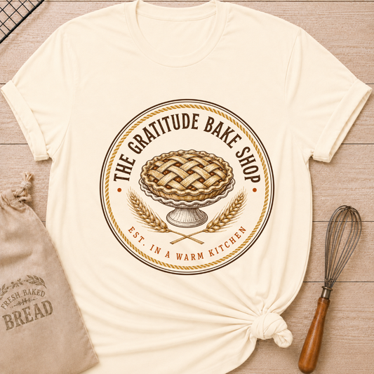 Natural women's relaxed fit tee with a vintage round bake shop emblem, lattice pie and golden wheat