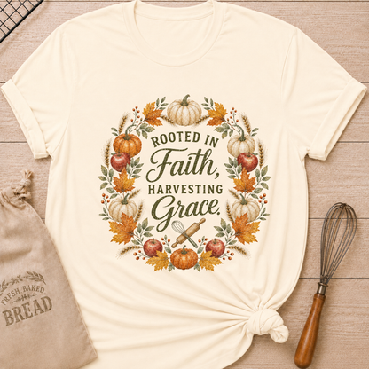 Natural women's relaxed fit tee with a Rooted in Faith Harvesting Grace wreath of pumpkins, apples, wheat and golden leaves