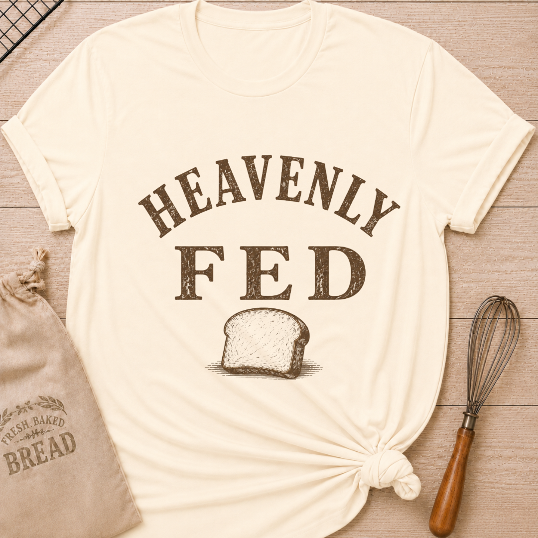 Natural Heavenly Fed women's relaxed fit tee with bold vintage lettering and a slice of homemade bread