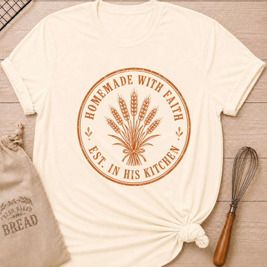 Natural women's relaxed fit t-shirt with the words Homemade with Faith in a vintage market emblem around a tied bundle of wheat.