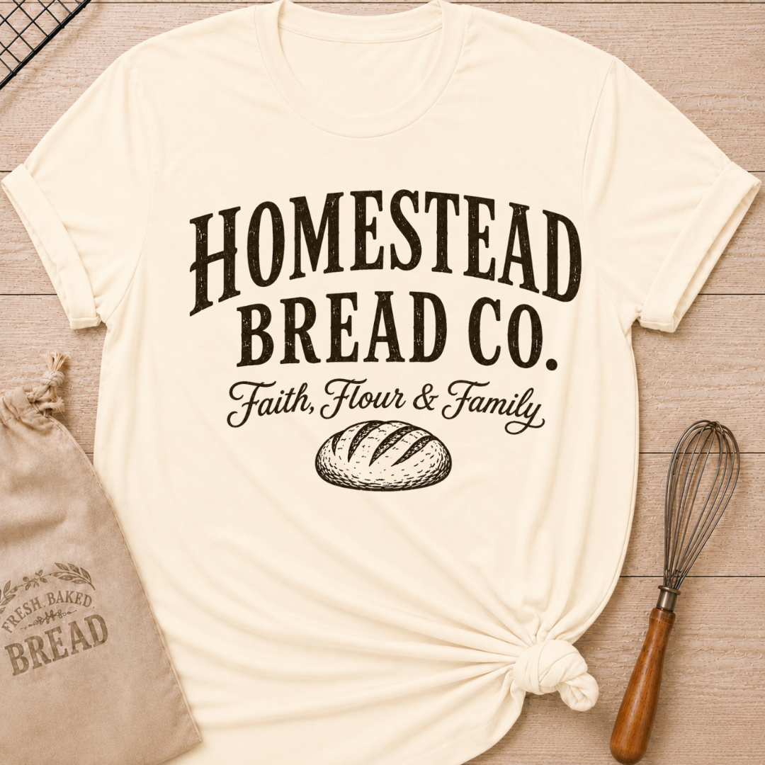 Natural women's relaxed fit t-shirt with a vintage bread graphic and the words Homestead Bread Co. Faith, Flour and Family.