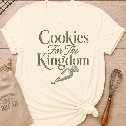 Natural women's relaxed fit t-shirt with the words Cookies for the Kingdom in vintage lettering and a classic piping bag.