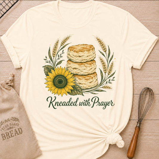 Natural Kneaded With Prayer women's relaxed fit tee with a stack of homemade biscuits, golden wheat, and a sunflower
