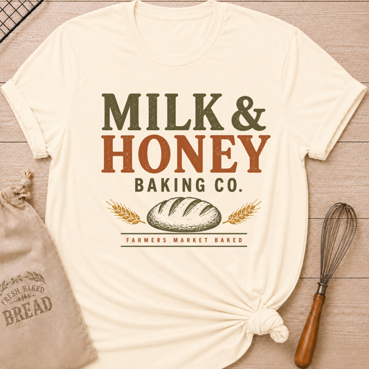 Natural Milk and Honey Baking Co. women's relaxed fit tee with bold vintage lettering, a farmhouse loaf, and golden wheat
