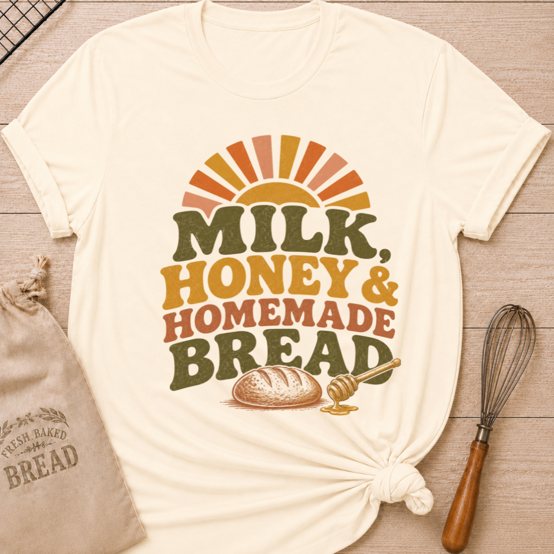 Natural Milk, Honey and Homemade Bread women's relaxed fit tee with vintage farm stand lettering, rising sun, artisan loaf, and honey dipper